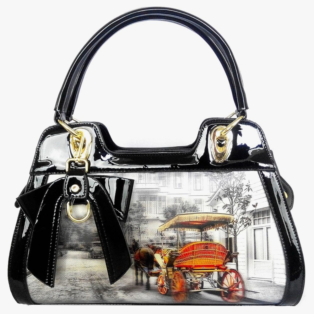 Elegant Black and Gold Handbag with Carriage Design